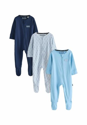 Drie baby voetenzakken in navy, wit met blauwe geometrische patronen en lichtblauw, elk met een rits aan de voorkant en lange mouwen.