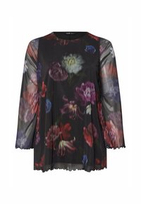 Blusa nera a fiori con maniche lunghe e trasparenti. Presenta vivaci motivi floreali in rosso, viola e bianco. Orlo scallopato. Collo rotondo classico.