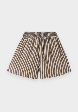 Stripete shorts med elastisk liv, med vertikale linjer i beige og marineblå. Myk stoff, uformell design og frontknutepunkt.