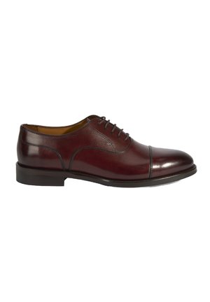 Burgunderfarbene Lederschuhe mit glatter Oberfläche, Kappenzehen-Design und niedrigem Absatz. Verfügt über sechs Ösen für die Schnürsenkel und subtile Nahtakzente.