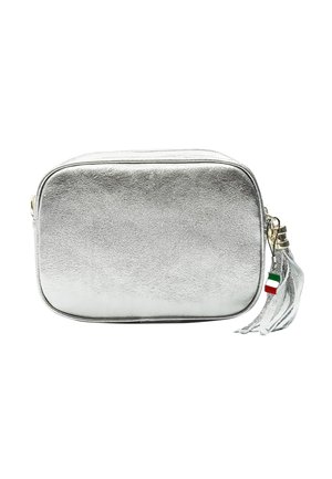 Small rectangular silver metallic crossbody bag with a zipper top and tassel charm featuring an Italian flag detail.