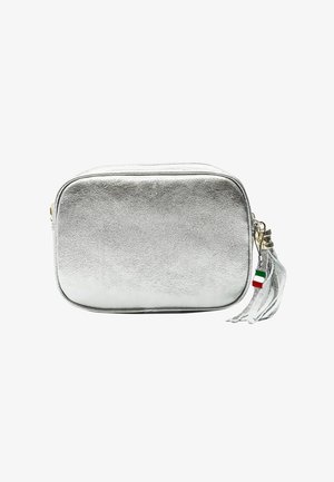 Kleine rechthoekige zilverkleurige metalen crossbodytas met een ritssluiting aan de bovenkant en een kwastbedel met Italiaans vlagdetail.