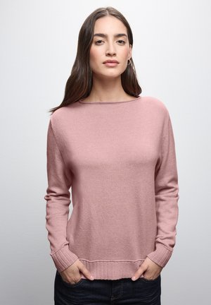 Helles rosa Strickpullover mit langen Ärmeln, gerippten Bündchen und einem Rundhalsausschnitt. Strukturierter Stoff und lässige Passform.