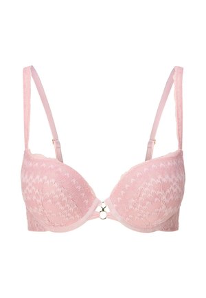 Lys lyserød blonde BH med bøjle, polstrede skåle, scalloped kanter, dekorativ ring i midten og justerbare stropper.