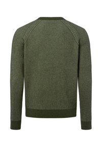 Oliwkowy sweter o rypsowanej teksturze, z okrągłym dekoltem i długimi rękawami. Posiada dopasowany dół i mankiety, podkreślające warstwowy design.