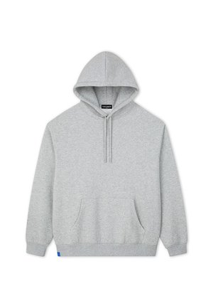 Szara bluza z kapturem wykonana z bawełnianej mieszanki tkanin. Posiada kieszeń kangurka, sznurki przy dekolcie oraz ściągacze na mankietach.