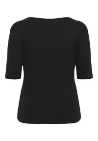 Sort, ribbet t-shirt med rund halsudskæring og korte, puffede ærmer. Stoffet ser blødt og glat ud med en simpel, tætsiddende silhuet.