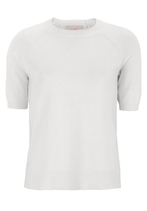 Weißer, kurzärmeliger Strickpullover mit rundem Ausschnitt, gerippten Bündchen und Saum, der ein dezentes strukturiertes Muster entlang der Schultern aufweist.