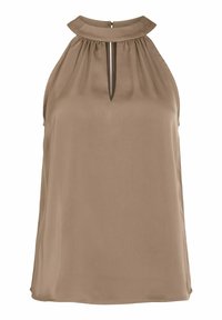 Brun bluseløs topp med høy krage og nøkkelhull-detalj foran. Laget av glatt stoff, med en avslappet passform og enkelt design.