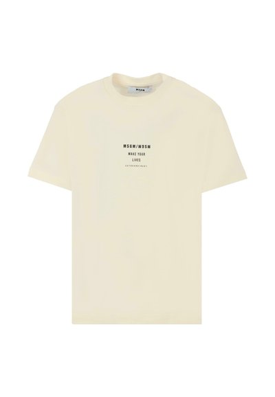 Crèmekleurig katoenen t-shirt met korte mouwen en een ronde hals. Geprinte tekst in het zwart luidt "MAAK JE LEVENS BIJZONDER."