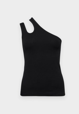 Svart en-skulder tanktopp laget av ribbet stoff. Har et unikt utringning med utskjæring og en tettsittende silhuett. Glatt tekstur gjennom hele.