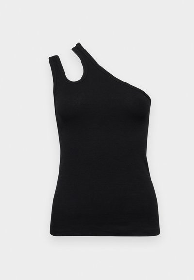 Top tank à une épaule noir en tissu côtelé. Présente une découpe unique au niveau du col et une silhouette ajustée. Texture lisse dans l'ensemble.