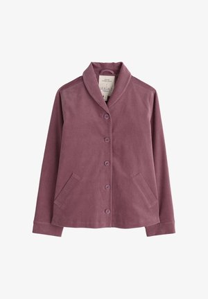 Mauve cotton jacket with a shawl collar, five buttons, two front pockets, and subtle textured fabric.