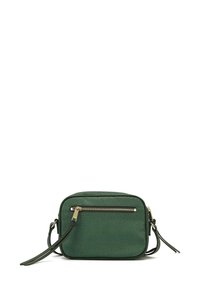 Borsa a tracolla verde con esterno testurizzato, forma rettangolare, accentuazione con zip dorata e tracolla regolabile. Finitura liscia con un motivo sottile.