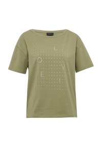 Olijfgroene t-shirt van zacht katoen, met een relaxte pasvorm, ronde halslijn en een witte stippenpatroon met het woord "LOVE" in het midden.