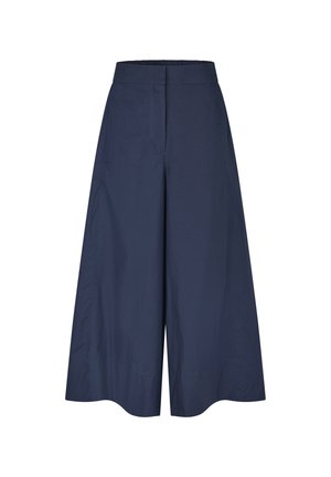 Marineblauwe culottes met een wijdere pijpvorm, voorzien van een gladde textuur en een elastische tailleband voor comfort. Minimalistische stijl zonder zichtbare hardware.