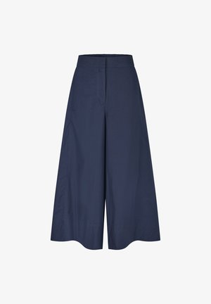 Culottes blu navy con design a gamba larga, caratterizzate da una texture liscia e una cintura elastica per il massimo comfort. Stile minimalista senza elementi di metallo visibili.