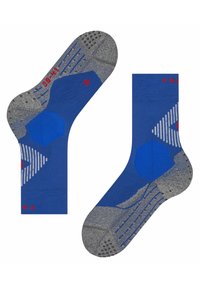 Calze blu e grigie con un motivo geometrico, caratterizzate da punti di presa testurizzati sulla suola e sezioni rinforzate sulla punta e sul tallone per una maggiore durata.