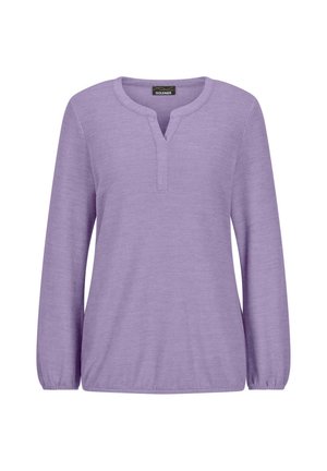 Lavendelfarbenes Langarmshirt mit Rundhalsausschnitt und einer teilweisen Knopfleiste. Weicher Stoff, lockere Passform und geraffte Ärmelabschlüsse.