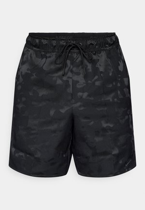 Shorts de sport noirs en matériau lisse, avec un motif camouflage, une taille élastique et un cordon de serrage ajustable.