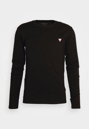 Long-sleeve black T-shirt made of smooth fabric, featuring a small red triangular logo on the upper left chest area. Round neckline design.