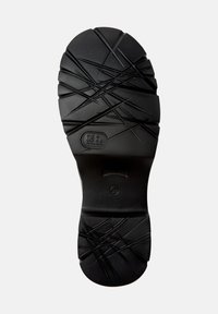 Talpa din cauciuc negru pentru încălțăminte, având un model texturat de tip tread cu linii intersectate pentru aderență, marcată cu detalii despre mărime și branding.