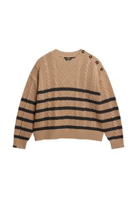 Beige gebreide trui met kabelpatronen en zwarte strepen. Heeft een ronde halslijn en zijknopen. Gelaagd, chunky stof.
