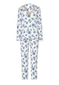 Conjunto de pijama de manga larga blanco con estampado floral azul y detalle de encaje beige en cuello en V en la parte superior, pantalones florales a juego.