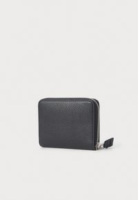 Black leather wallet with a textured finish, rectangular shape, and silver zipper closure. Includes a side strap for carrying convenience.