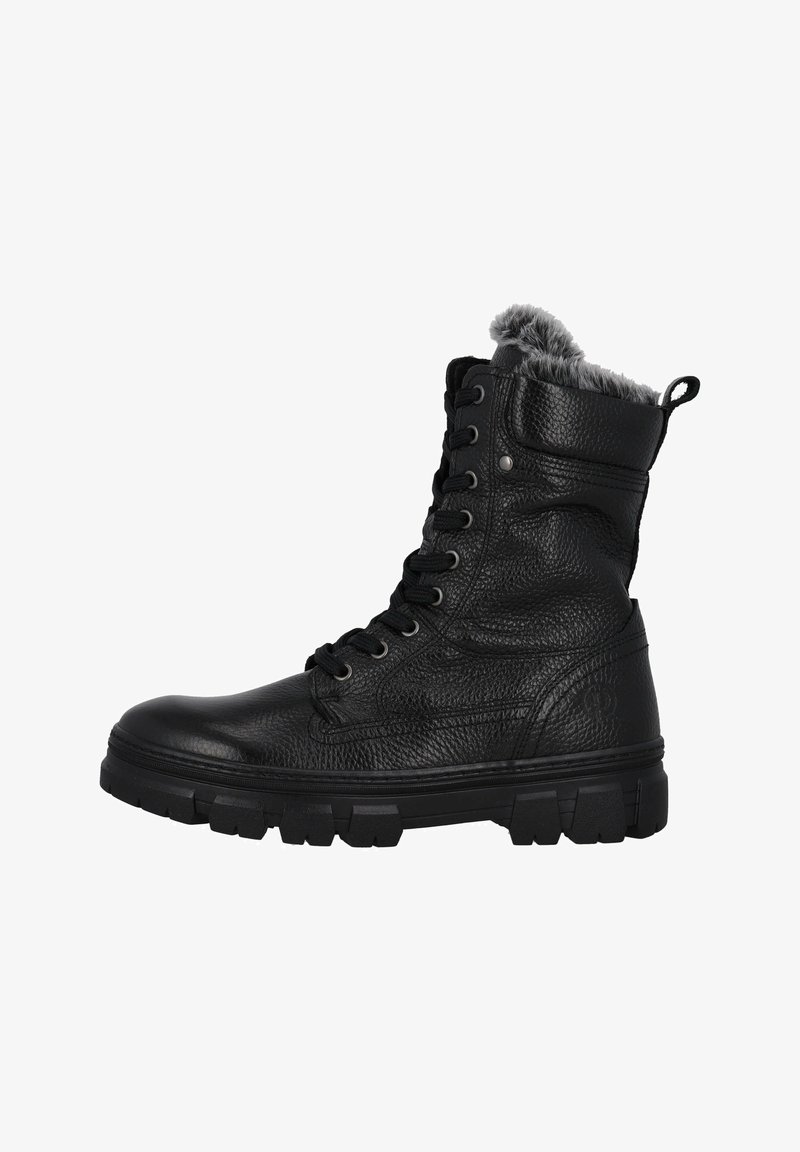 Botín de cuero negro hasta el tobillo con acabado texturizado, diseño de cordones, cuello de pelo sintético y suela de goma resistente con patrones de relieve prominentes.