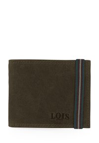Billetera de cuero marrón con superficie texturizada, marcada con "LOIS" y complementada por una banda elástica a rayas en azul y rojo.