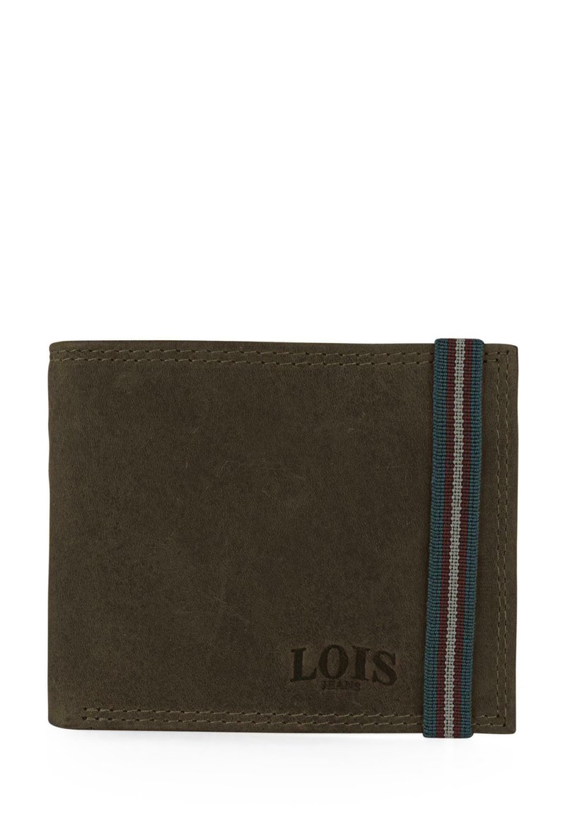Billetera de cuero marrón con superficie texturizada, marcada con "LOIS" y complementada por una banda elástica a rayas en azul y rojo.