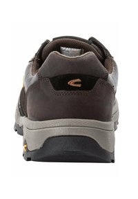Brown suede and mesh shoe featuring a gray rubber sole, black accents, and a padded collar; rear view showcasing logo detail.