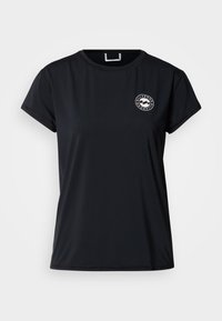 Μαύρο κοντομάνικο t-shirt από λείο ύφασμα, με στρογγυλή λαιμόκοψη και λευκό κυκλικό λογότυπο στην αριστερή πλευρά του στήθους.