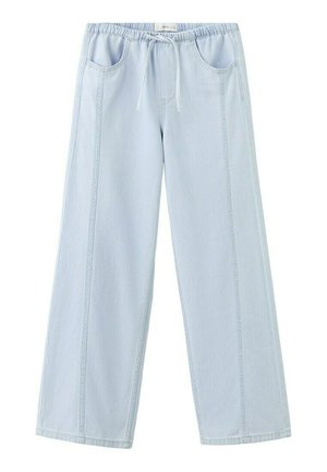 Pantalon ample bleu clair avec ceinture élastique, cordon de serrage et poches avant.