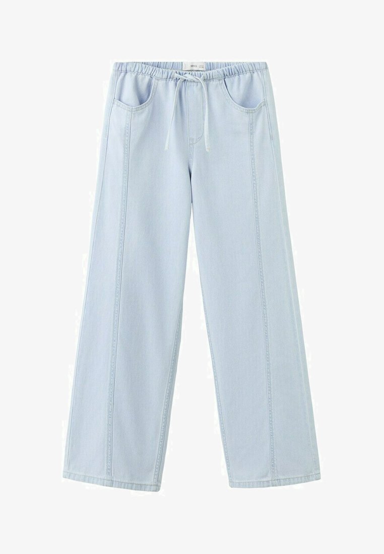 Pantalon ample bleu clair avec ceinture élastique, cordon de serrage et poches avant.