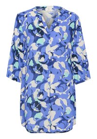 Bluse im Tunika-Stil mit floralem Muster in Blautönen, kurzen Ärmeln, einem V-Ausschnitt und einer lockeren Passform. Mit einem Aquarell-Rosenmuster und sanften Akzenten.