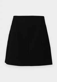Μαύρη μίνι φούστα με δομημένη σιλουέτα, διαθέτει ραφές μπροστά και πλαϊνές τσέπες, κατασκευασμένη από ομαλό, ελαφρύ ύφασμα.