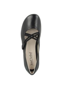 Black leather Mary Jane flat shoe with cross-over elastic straps and rounded toe, featuring a cushioned insole and smooth finish.