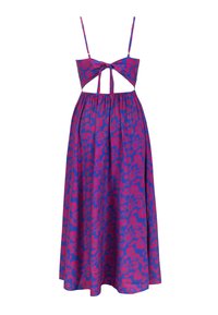 Maxikleid aus blauem Stoff mit pinken Blumenmuster, mit verstellbaren Spaghetti-Trägern, ausgeschnittenem Rücken und gerafftem Taillenbereich.