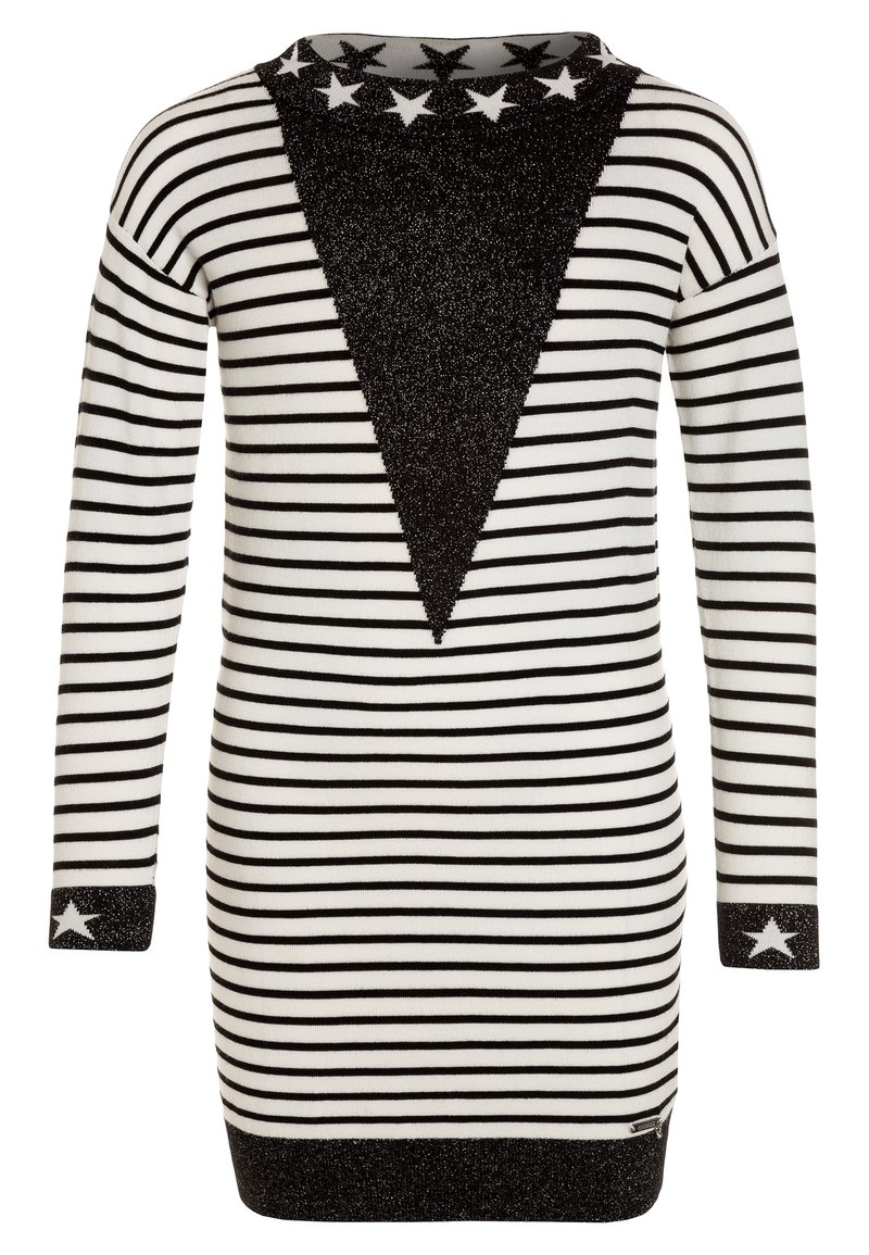 Černo-bílé pruhované šaty s V-širokým třpytivým černým panelem, hvězdnými akcenty na výstřihu a manžetách, dlouhé rukávy, čisté vertikální linie.