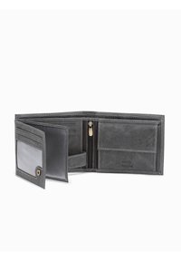 Portefeuille en cuir gris avec plusieurs emplacements pour cartes, une poche ID transparente, un compartiment zippé et des coutures blanches contrastées. Dispose de la protection RFID.