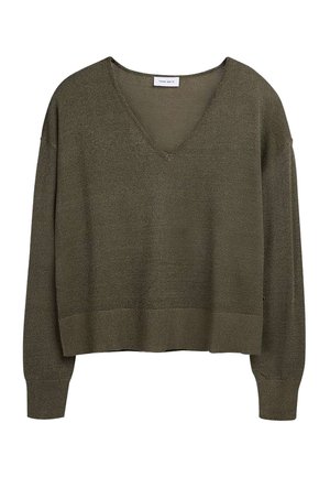 Pull en maille à manches longues de couleur vert olive avec col en V, poignets et ourlet côtelés, coupe décontractée.