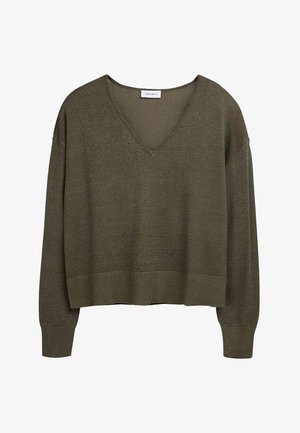 Pull en maille à manches longues de couleur vert olive avec col en V, poignets et ourlet côtelés, coupe décontractée.