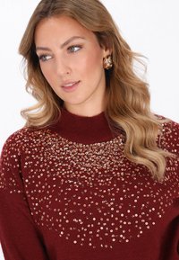Maglione bordeaux con scollo a girocollo e un motivo di paillettes dorate sul petto, dalla consistenza morbida e dalla vestibilità rilassata.