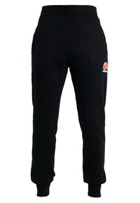Svarta sweatpants i mjukt tyg, med elastisk midja och mudd, samt en liten färgglad logotyp på vänster lår.