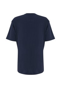 Marineblå bomulds T-shirt med korte ærmer og rund hals, der har en løs pasform og et enkelt design, uden synlige logoer eller mønstre.