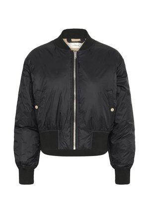 Sort bomberjakke med cropped design, shiny nylon materiale, ribbede manchetter og kant, samt en sølvfarvet frontlynt. To sidelommer medfølger.