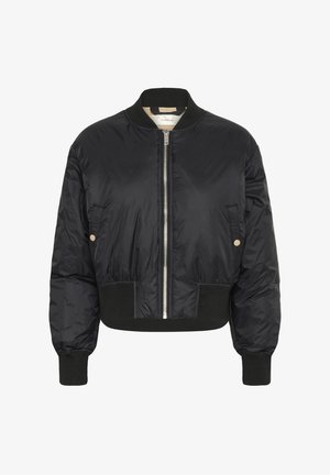 Mustapommittaja, jossa on lyhennetty muotoilu, kiiltävä nylonmateriaali, resorihihansuut ja helma sekä hopeinen vetoketju edessä. Mukana on kaksi sivutaskua.