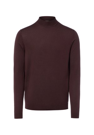 Dunkelbrauner Pullover mit langen Ärmeln, Stehkragen sowie gerippten Bündchen und Saum, auf weißem Hintergrund dargestellt.